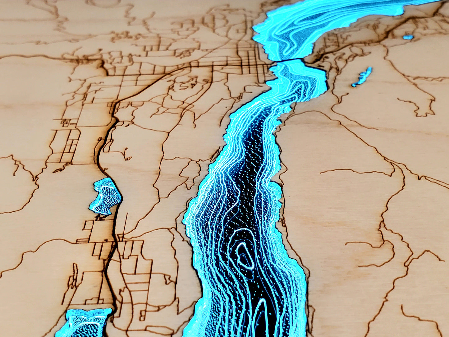 Okanagan Lakes | 12x24 LED Illuminated Bathymetry Map | Walnut