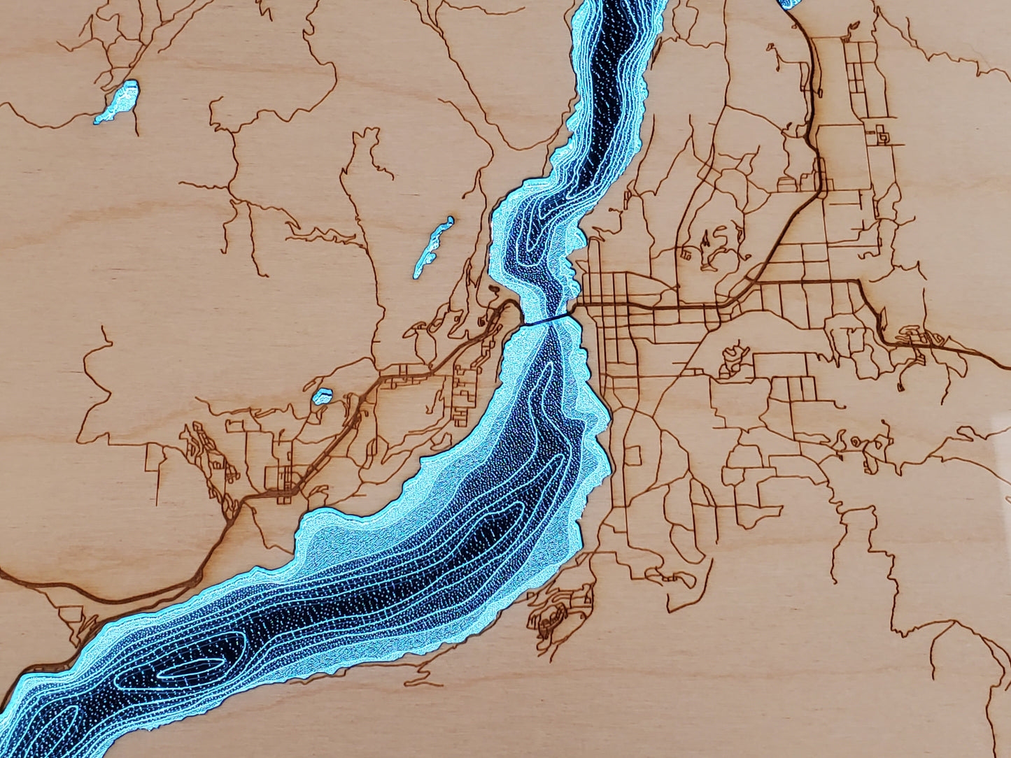 Okanagan Lakes | 12x24 LED Illuminated Bathymetry Map | Walnut