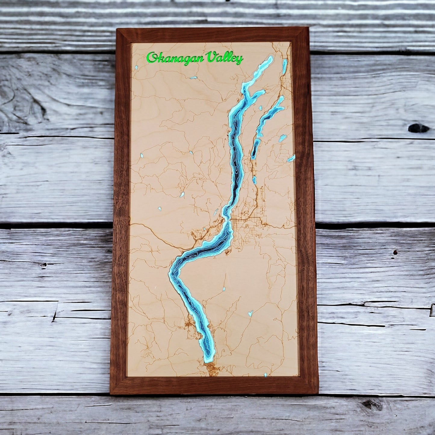 Okanagan Lakes | 12x24 LED Illuminated Bathymetry Map | Walnut