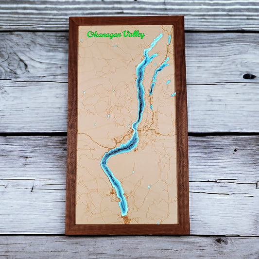 Okanagan Lakes | 12x24 LED Illuminated Bathymetry Map | Walnut