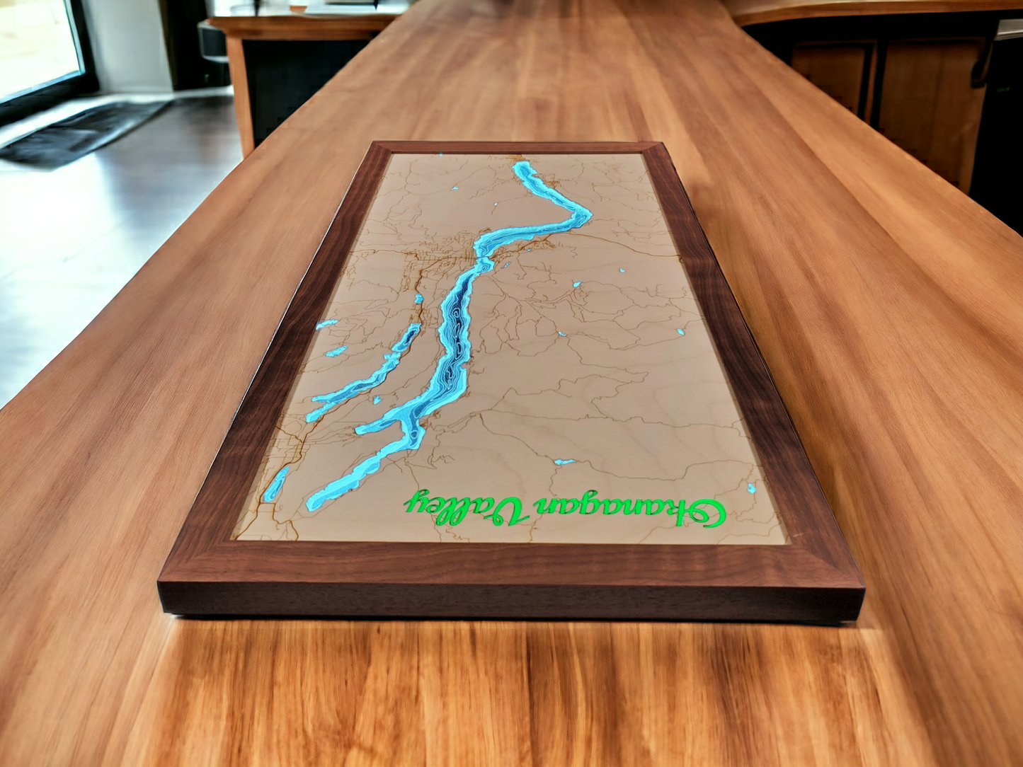 Okanagan Lakes | 12x24 LED Illuminated Bathymetry Map | Walnut