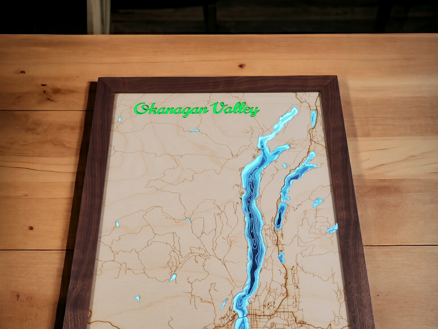Okanagan Lakes | 12x24 LED Illuminated Bathymetry Map | Walnut