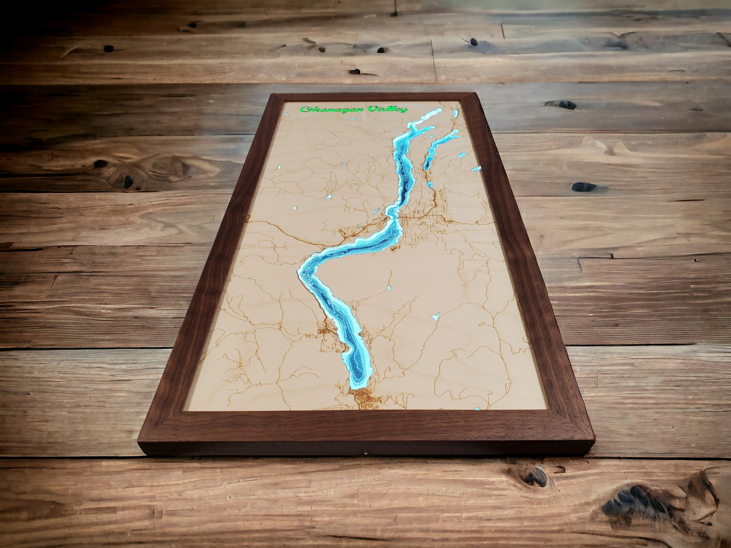 Okanagan Lakes | 12x24 LED Illuminated Bathymetry Map | Walnut